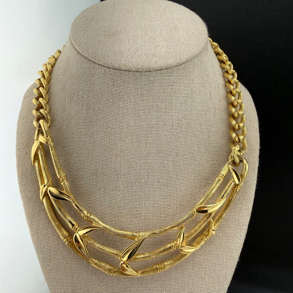 Vintage Trifari Necklace Gold Tone Bamboo Triple Strand Bib 16in